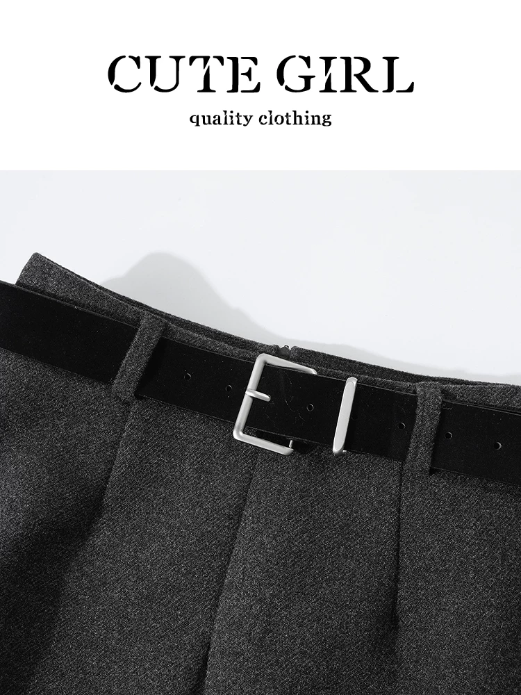 Váy len chấm bi màu xám cao cấp CuteGirl dành cho nữ, váy midi chữ A đa năng, cạp cao, kiểu dáng cổ điển mùa đông