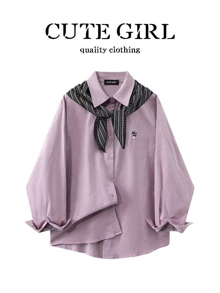 Áo sơ mi dài tay thêu màu tím phong cách nhẹ nhàng của CuteGirl có khăn choàng dành cho nữ, áo sơ mi dáng rộng thanh lịch mùa thu đa năng độc đáo