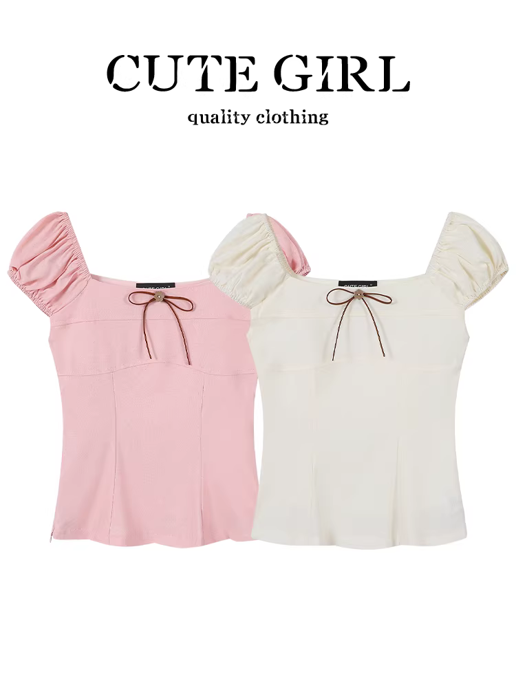 CuteGirl phong cách Hàn Quốc ngọt ngào tay phồng cổ vuông áo sơ mi trắng ngắn tay dành cho nữ mùa hè thanh lịch dáng ôm vừa vặn nơ áo kiểu