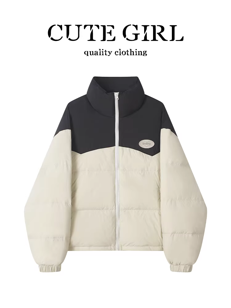 Áo khoác ngắn cổ đứng phối màu cao cấp CuteGirl dành cho nữ, mùa thu đông, áo khoác phao phong cách, rộng rãi, đa năng và độc đáo.