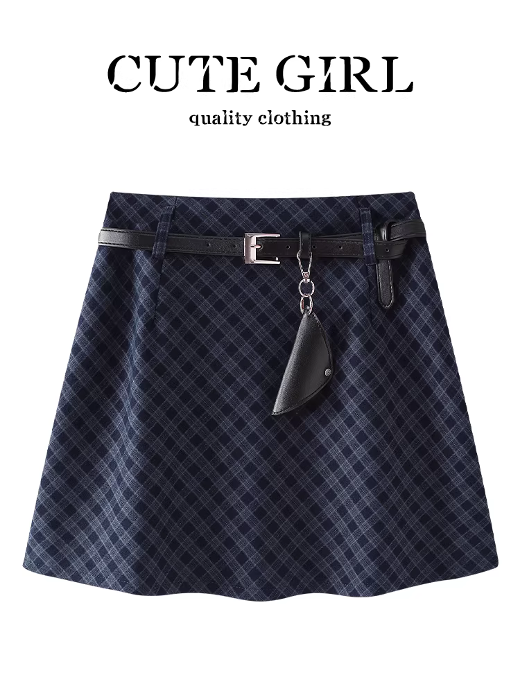 Váy chữ A kẻ sọc cổ điển CuteGirl dành cho nữ, thiết kế mùa thu, lưng cao, thon gọn, giản dị, đa năng, váy ngắn ôm hông