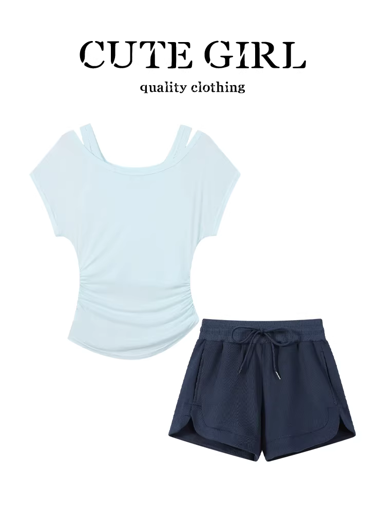 Trang phục mùa hè tuyệt đẹp của CuteGirl dành cho nữ, bộ áo thun ngắn tay giả hai mảnh có eo thắt eo màu xanh và quần short hai mảnh.
