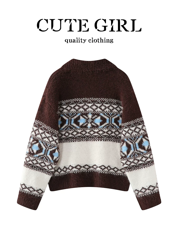Áo len cổ Fair Isle cổ điển phong cách Hàn Quốc dành cho nữ, thiết kế mùa đông, dáng rộng và đa năng, đồ dệt kim độc đáo