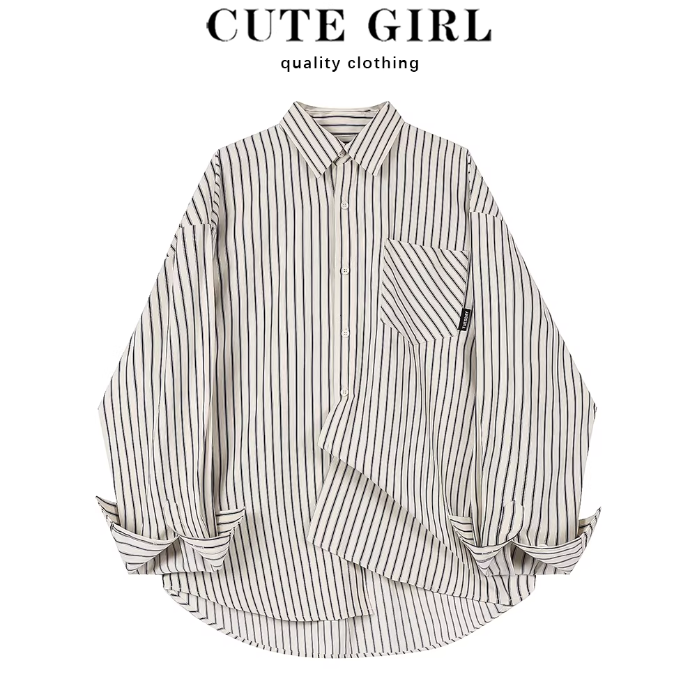 Áo sơ mi sọc xanh lười biếng CuteGirl dành cho nữ 2025 mới mùa xuân thu áo sơ mi dài tay dáng rộng áo khoác hàng đầu