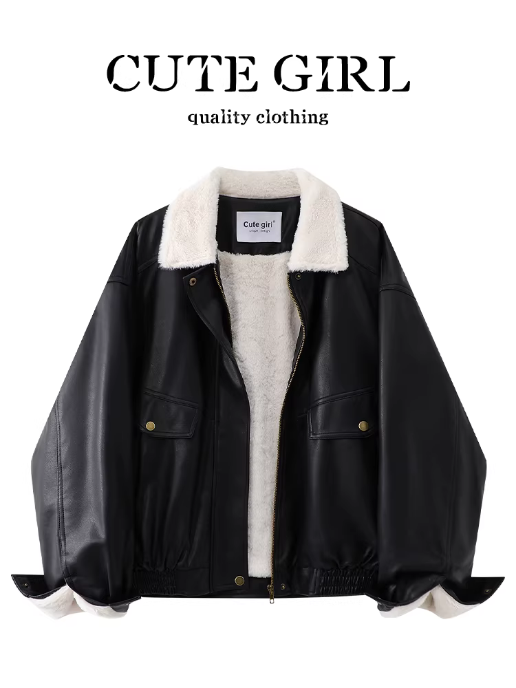 Áo khoác da lót lông cừu màu đen phong cách CuteGirl dành cho nữ, áo khoác dày dặn đa năng, dáng rộng, cao cấp mùa thu