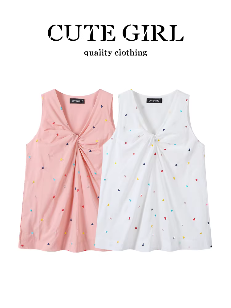 Áo ba lỗ thêu hình trái tim ngọt ngào phong cách Hàn Quốc dành cho nữ, thiết kế mùa hè, áo không tay đa năng thích hợp