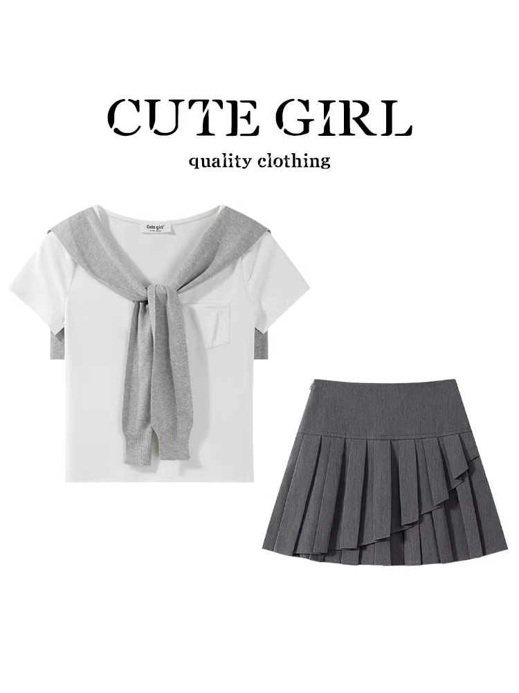 Phong cách preppy dễ thương với áo thun ngắn tay màu trắng có khăn choàng dành cho nữ mùa hè váy xếp ly bất đối xứng bộ đồ hai mảnh