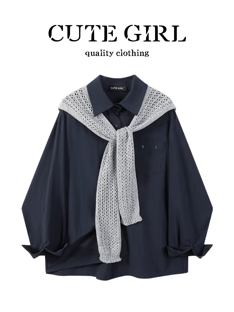 Áo sơ mi cổ polo màu xanh hải quân lấy cảm hứng từ thiết kế CuteGirl có khăn choàng dành cho nữ, áo sơ mi độc đáo, dáng rộng, đa năng, giản dị mùa thu