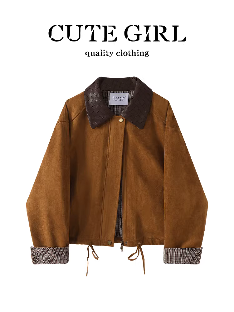 Áo khoác da lộn có cổ bằng da màu cà phê phong cách CuteGirl Barn dành cho nữ, khí chất mùa thu, áo khoác dáng rộng đa năng thông thường