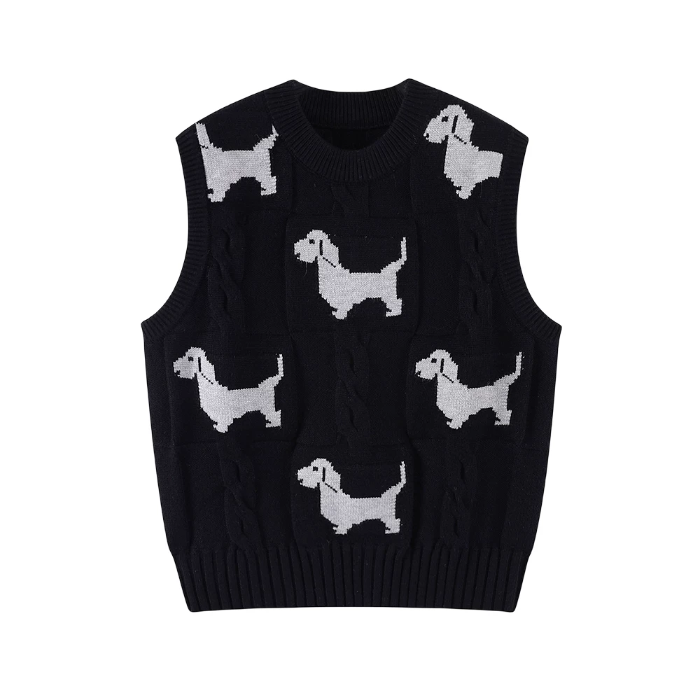 Áo vest dệt kim dáng rộng cổ đứng CuteGirl dành cho nữ mùa đông phong cách mới áo vest thêu hình chó con áo vest hợp thời trang