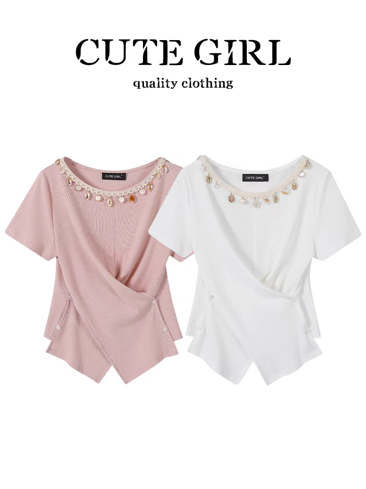 Áo thun ngắn tay màu trắng không đều kiểu dáng CuteGirl dành cho nữ, áo viền tua rua sang trọng mùa hè