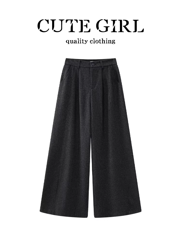 Quần ống rộng len đen xám phong cách Hàn Quốc CuteGirl dành cho nữ, mùa thu đông, dáng nhỏ nhắn, lưng cao, tôn dáng, quần thường ngày đa năng