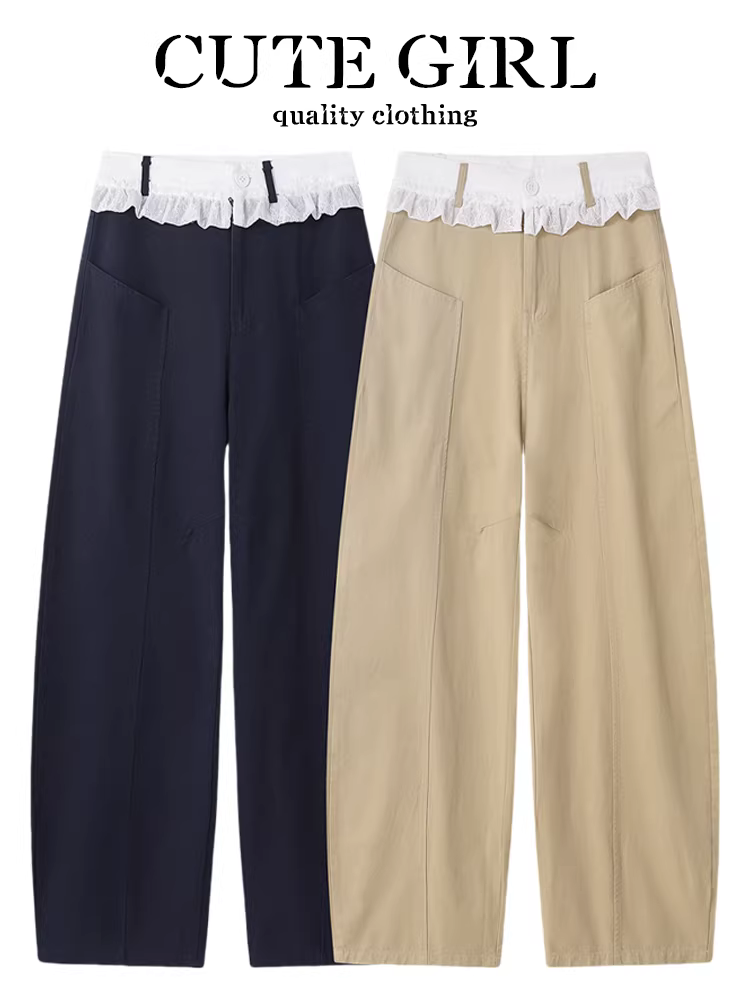 Quần kaki phối ren phong cách retro của CuteGirl dành cho nữ, quần ống rộng đa năng dáng rộng mùa xuân hè