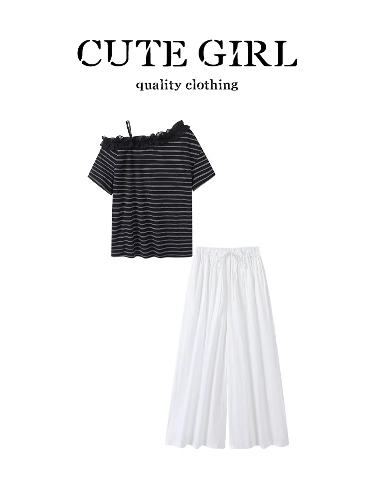 Bộ trang phục hoàn chỉnh phong cách CuteGirl dành cho nữ: áo thun trễ vai sọc xếp nếp mùa hè và quần ống rộng màu trắng, bộ hai mảnh