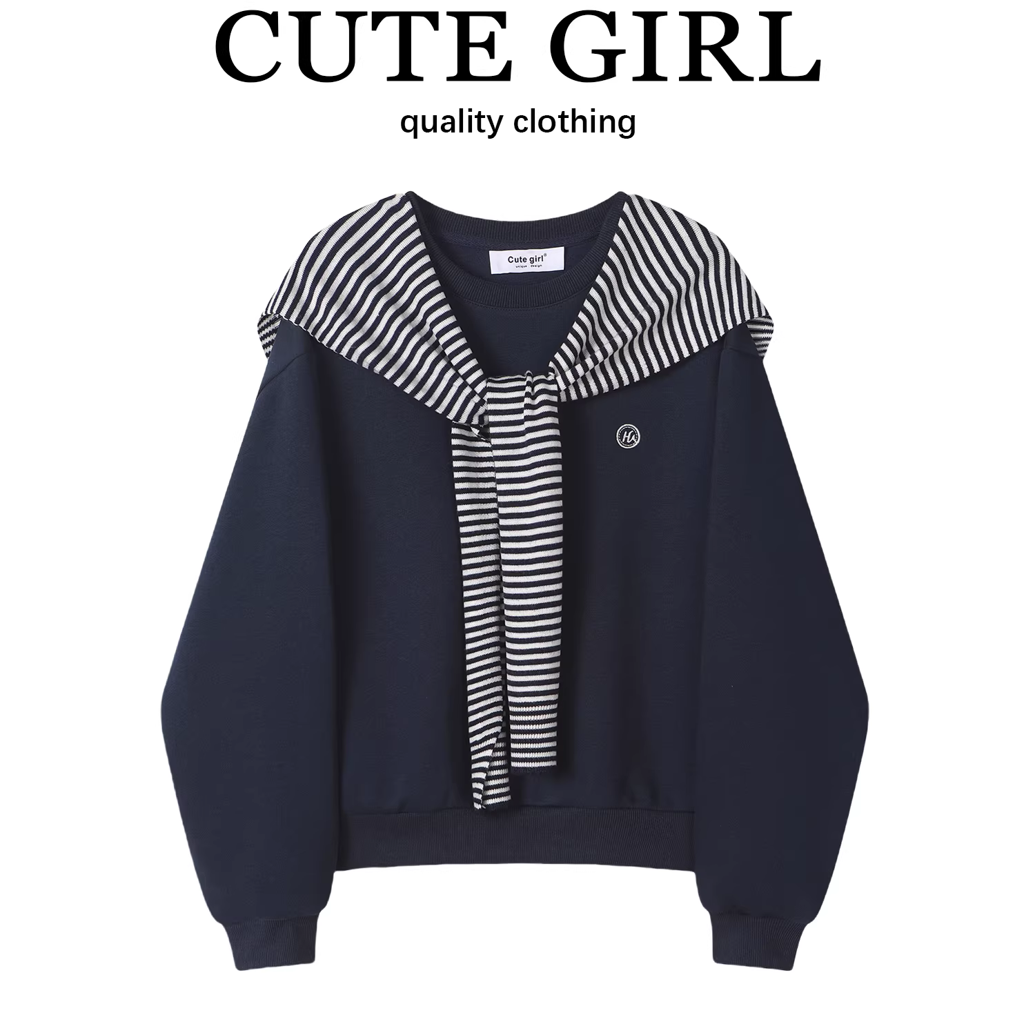 Áo len cổ tròn có lót lông cừu kiểu Hàn Quốc CuteGirl dành cho nữ, áo kiểu dáng lười biếng mùa thu dáng rộng màu xanh hải quân giản dị