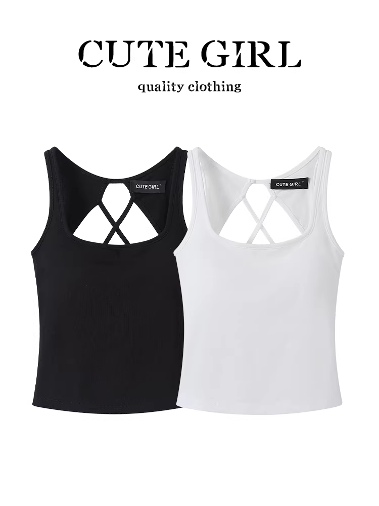 Áo camisole thiết kế cắt xéo CuteGirl dành cho nữ, áo hở lưng ôm sát gợi cảm mùa hè có đệm ngực, áo không tay
