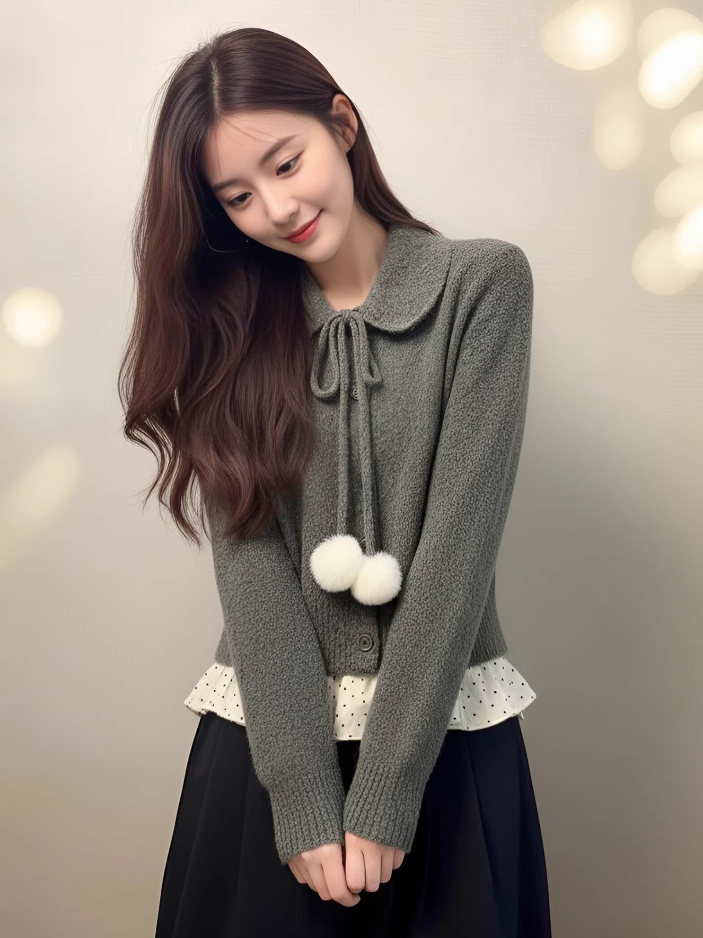 Áo len cổ búp bê màu xám kiểu dáng lười biếng dễ thương dành cho nữ mùa đông kiểu dáng cổ điển áo len đan len giảm béo