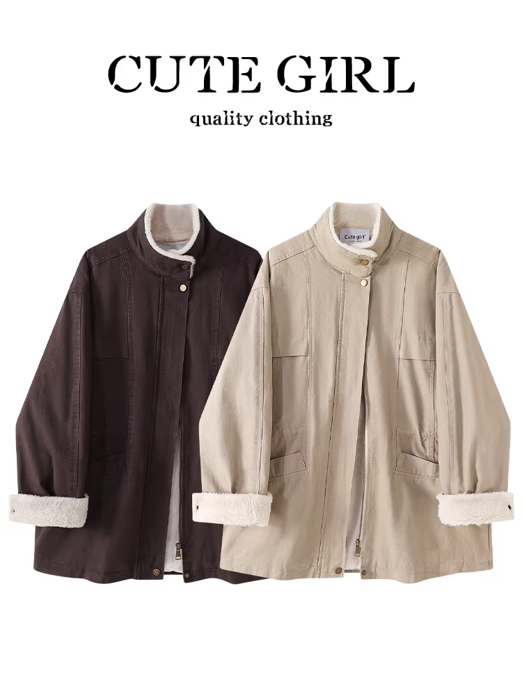 Áo khoác len cừu cổ đứng phong cách retro Hàn Quốc dành cho nữ mùa đông Áo khoác lót lông cừu dài vừa phải