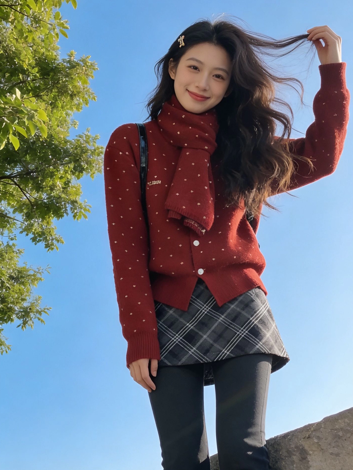 Áo len cardigan chấm bi màu đỏ đơn giản và đa năng của CuteGirl dành cho nữ mùa đông giản dị, áo khoác dệt kim cổ tròn lười biếng