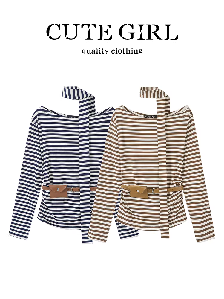 Áo kiểu dáng ôm sát, tay dài, cổ halter, sọc thời trang, phối dây lưng, đa năng, dành cho nữ, mùa thu của CuteGirl