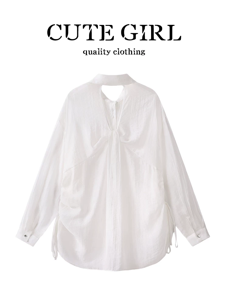 CuteGirl thiết kế kiểu Pháp cut out áo chống nắng màu trắng hở lưng áo sơ mi dài tay phong cách lười biếng mùa hè dành cho nữ