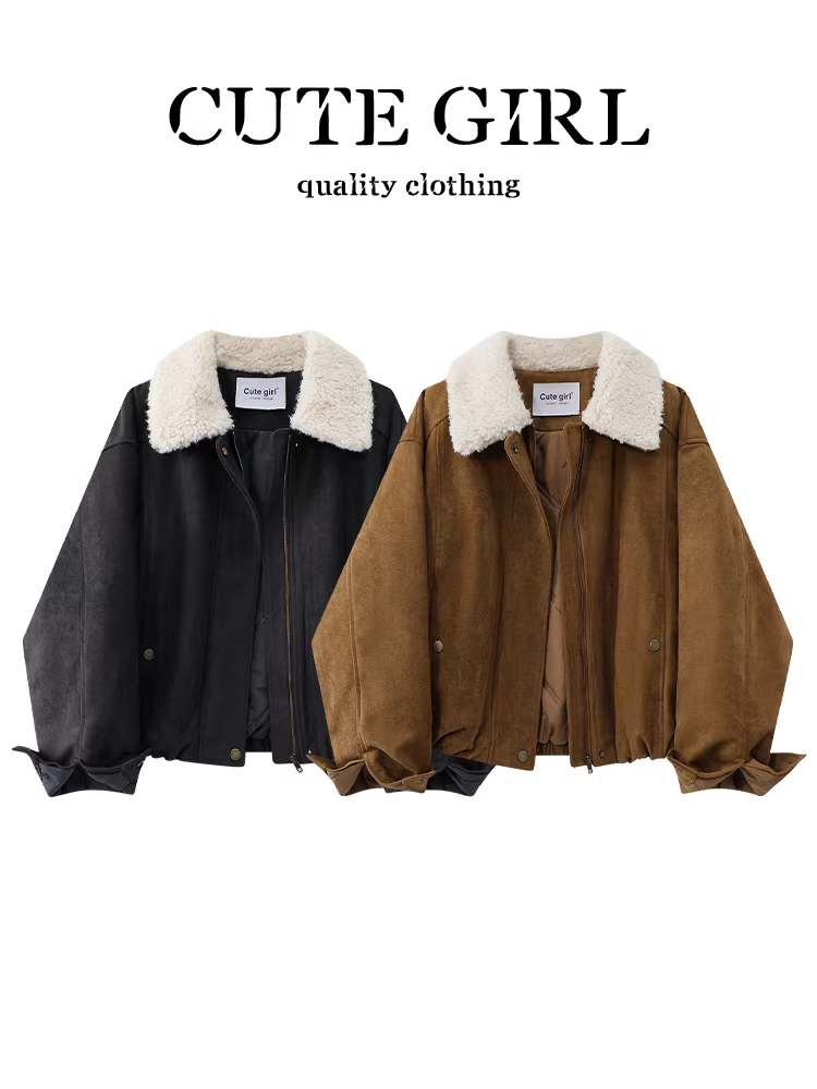 Áo khoác da lộn có cổ lông màu cà phê CuteGirl Melard dành cho nữ, mùa thu đông, áo khoác nhỏ nhắn, rộng rãi và đa năng