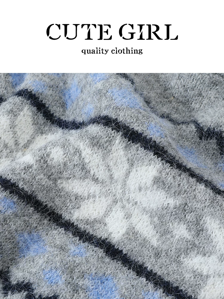 Áo len cổ tròn Fair Isle lấy cảm hứng từ thiết kế CuteGirl dành cho nữ, mùa thu đông, kiểu dáng thời trang, dáng rộng, giản dị, đa năng, áo giảm tuổi tác.