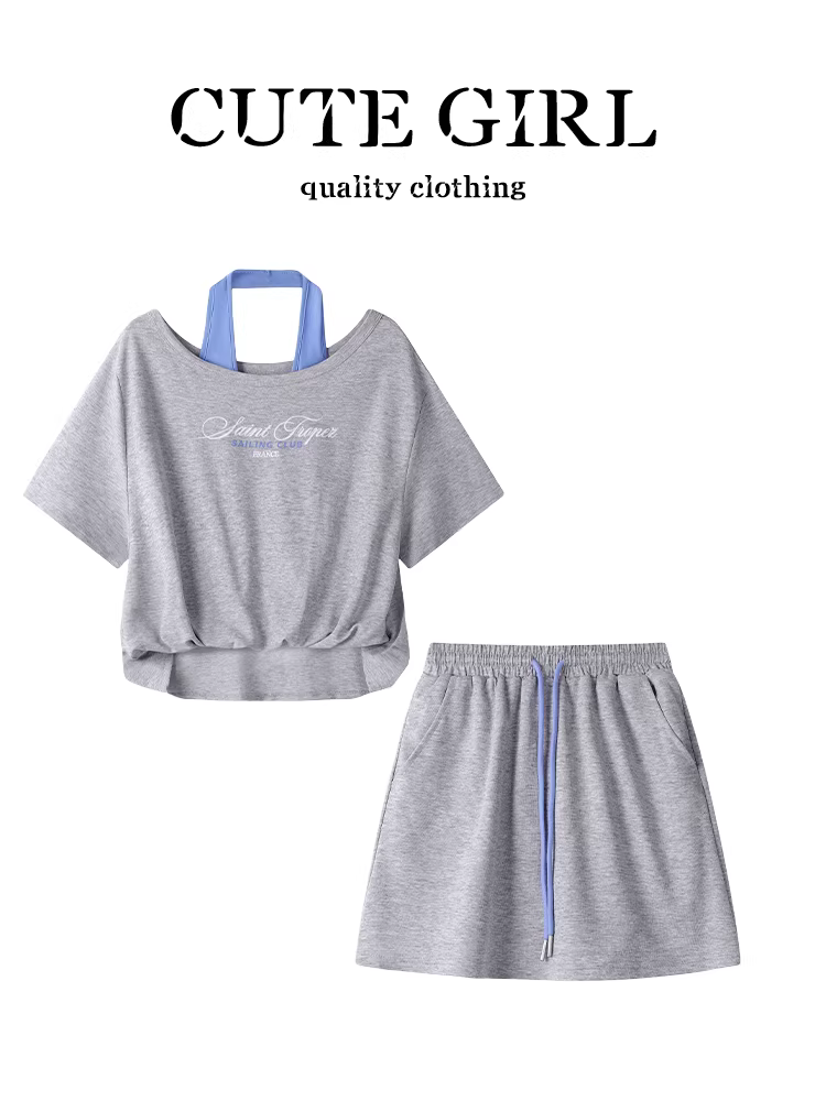 Bộ trang phục phong cách Hàn Quốc CuteGirl dành cho nữ, áo thun viền cuốn mùa hè, áo yếm cổ yếm, bộ ba món váy màu xám