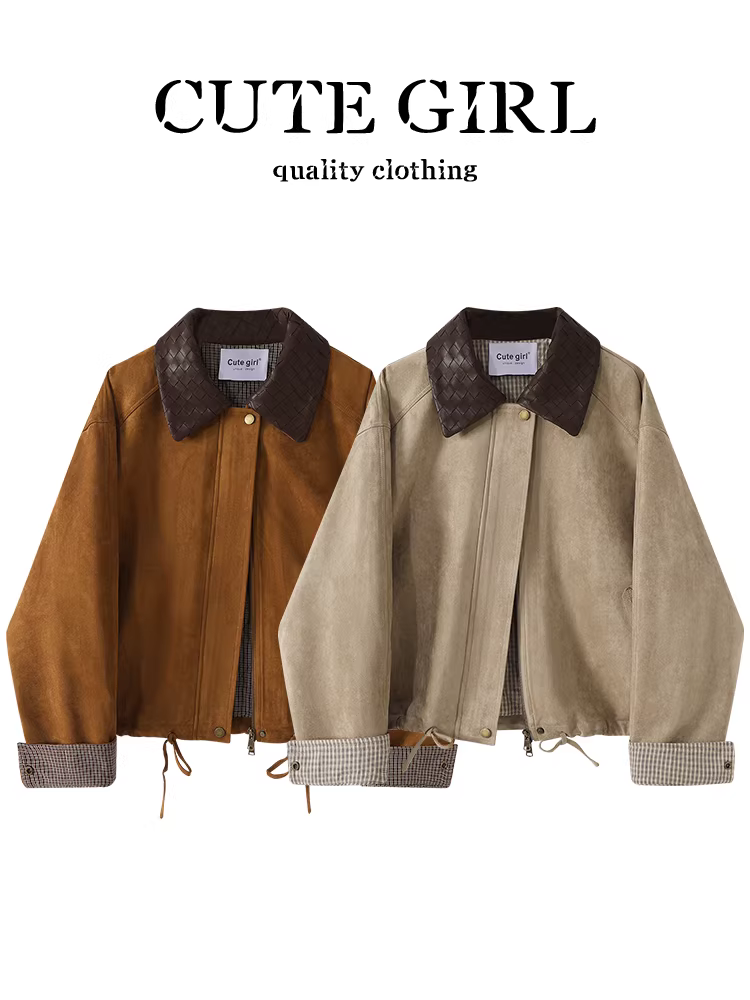 Áo khoác da lộn phối họa tiết lấy cảm hứng từ thiết kế CuteGirl dành cho nữ, áo khoác ngắn dáng rộng đa năng cao cấp mùa thu