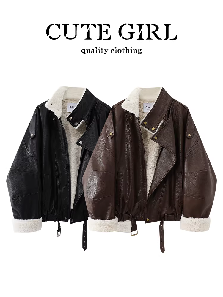 Áo khoác da có cổ đứng phong cách CuteGirl dành cho nữ, mùa thu đông, áo khoác thanh lịch, rộng rãi, giản dị, đa năng