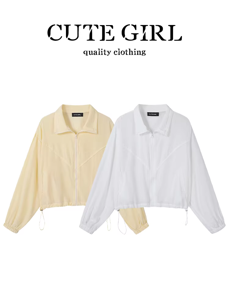 CuteGirl phong cách Hàn Quốc nhỏ nhắn nhẹ nhàng màu trắng có khóa kéo chống nắng áo sơ mi chống nắng cho nữ mùa hè dáng rộng giản dị áo khoác ngắn chống nắng