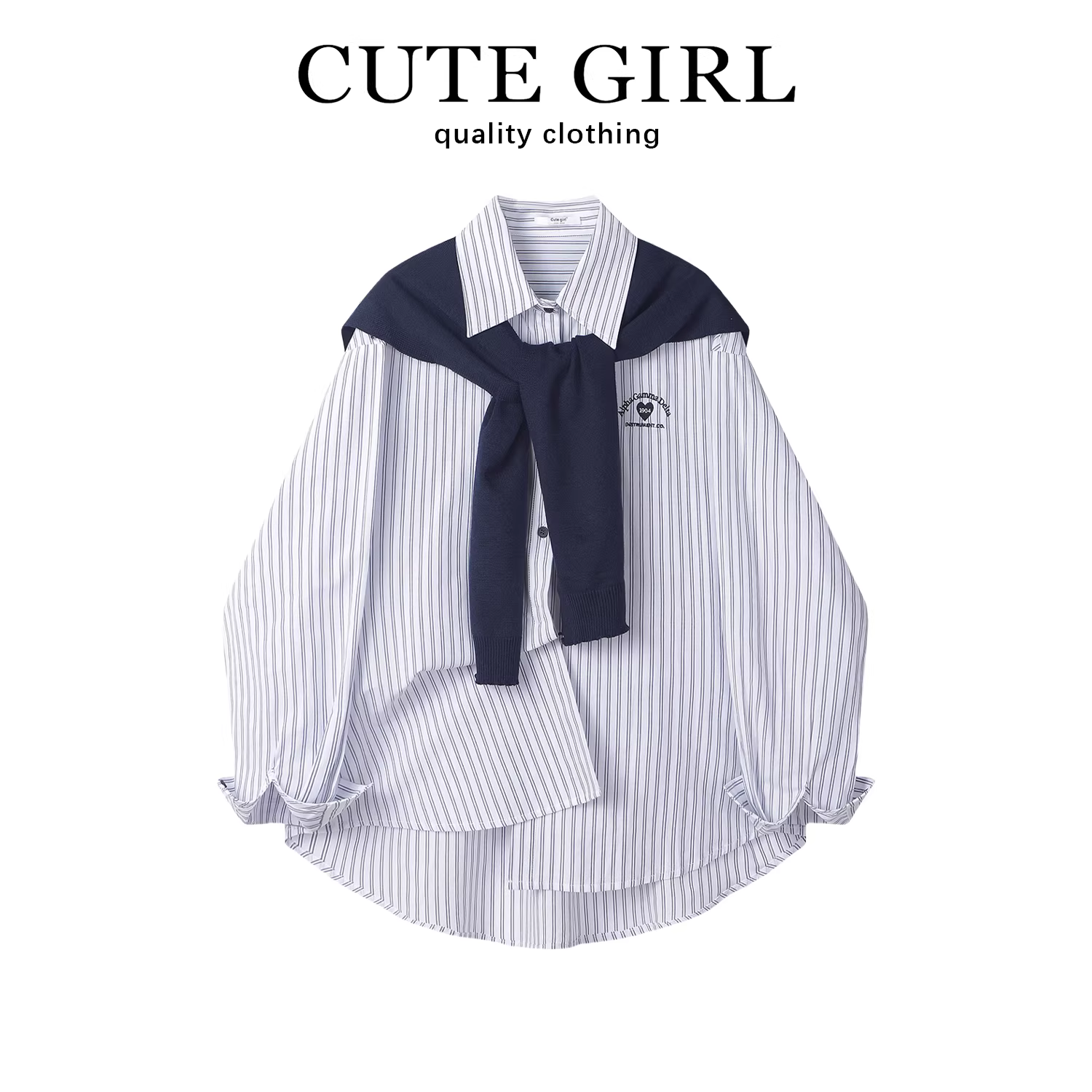 Áo sơ mi sọc xanh phong cách Hàn Quốc có khăn choàng cho nữ, áo sơ mi kẻ sọc dáng rộng đầu thu, áo khoác hai mảnh