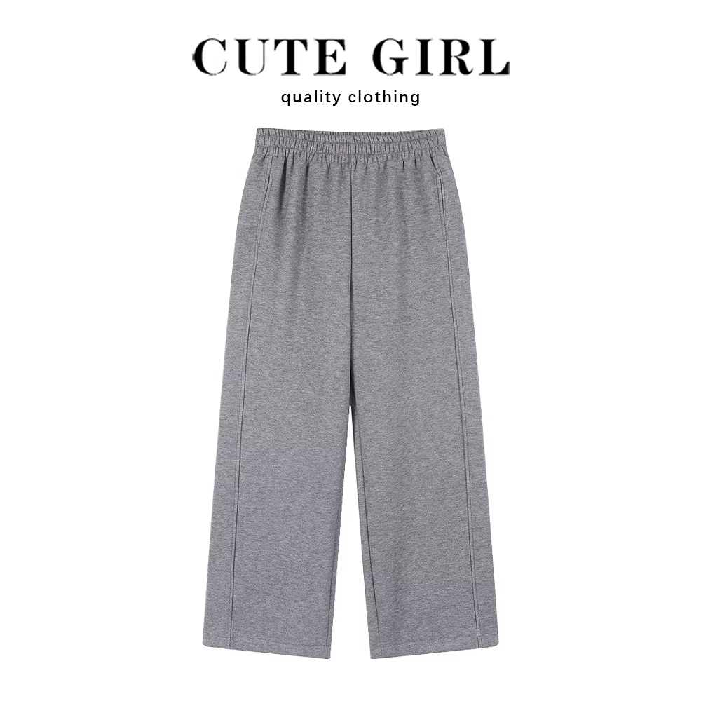 Quần ống rộng màu xám CuteGirl dành cho nữ mùa thu đông 2023 phong cách mới quần dài lót lông cừu kiểu dáng thể thao quần thể thao thông thường