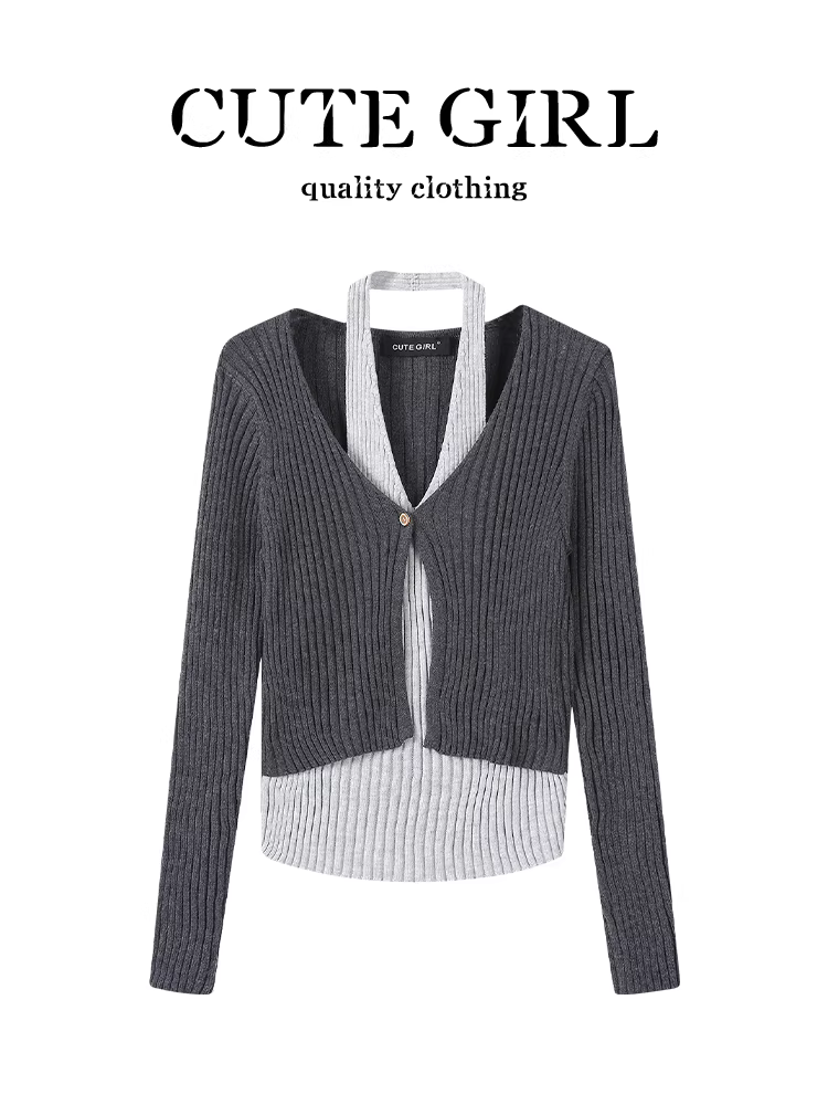 Áo dệt kim cổ chữ V cổ yếm phong cách Hàn Quốc dành cho nữ, thiết kế đầu thu, dáng ôm, áo chắp vá giả hai mảnh