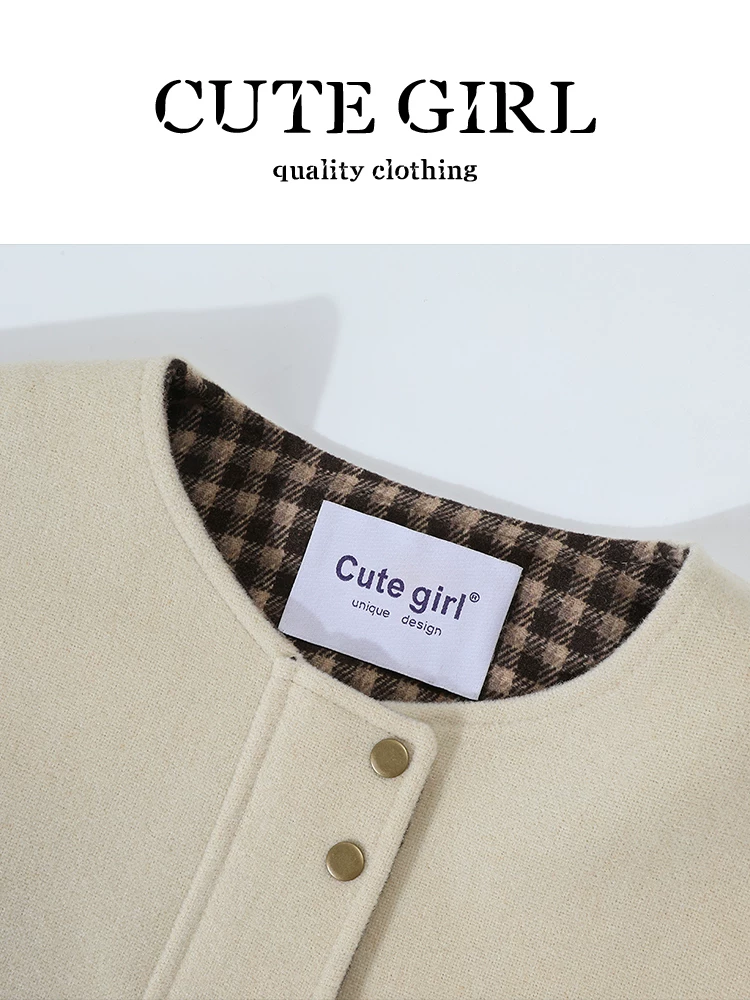 Áo khoác len tương phản kẻ sọc màu nâu cổ điển CuteGirl dành cho nữ, mùa thu đông, nhỏ nhắn, rộng rãi, đa năng, áo khoác giảm béo