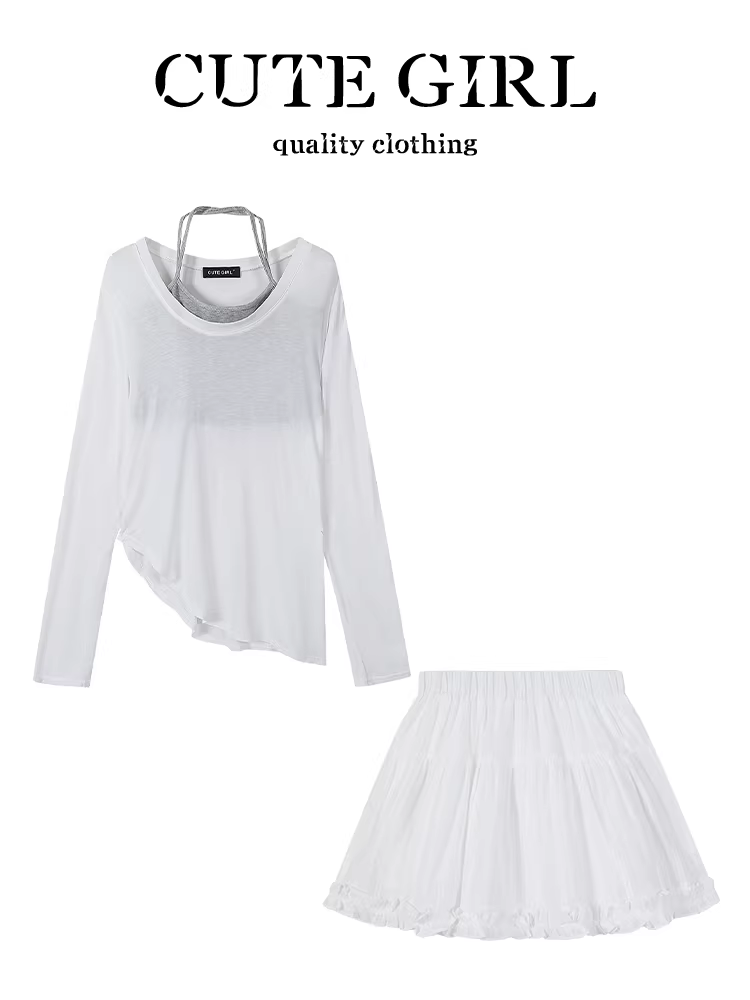 CuteGirl phong cách Hàn Quốc áo chống nắng bất đối xứng Áo thun nữ mùa hè cổ yếm treo váy trắng bộ ba món