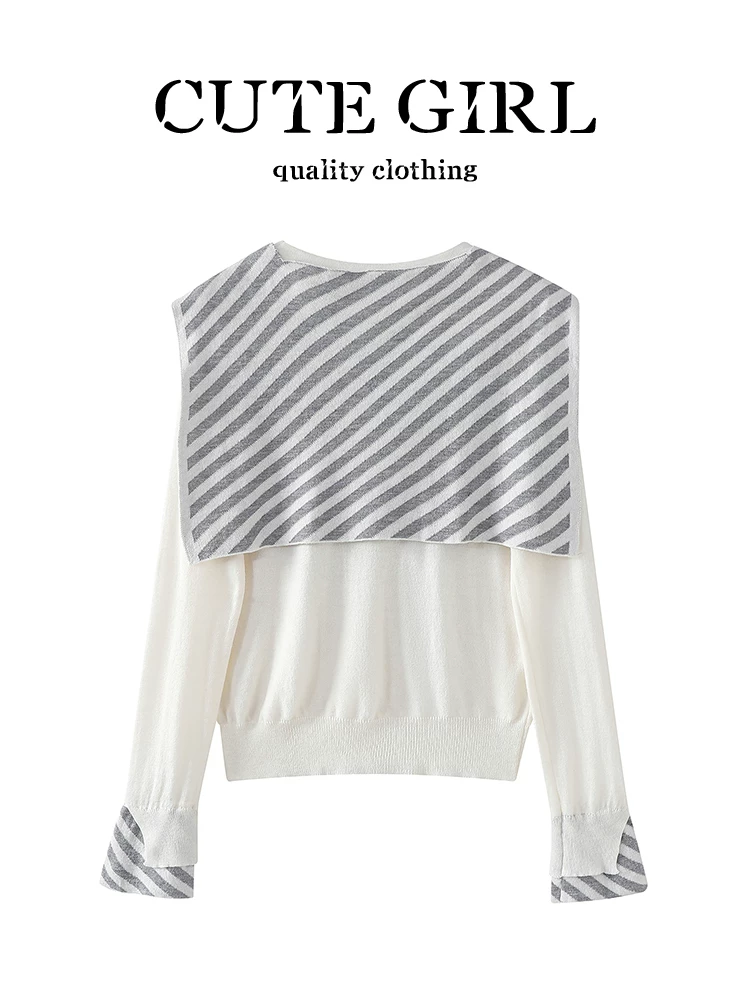 Áo len dệt kim màu trắng phong cách preppy của CuteGirl có khăn choàng dành cho nữ, thiết kế mùa thu, dáng rộng, giản dị, đa năng và độc đáo