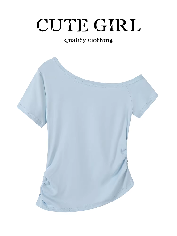 Áo thun ngắn tay lệch vai phong cách Hàn Quốc in chữ màu xanh dành cho nữ mùa hè Áo xếp ly độc đáo ôm eo