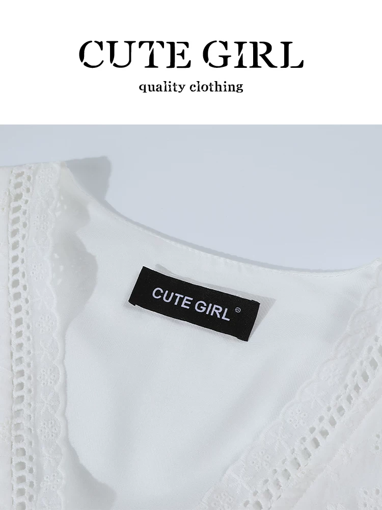 CuteGirl kiểu Pháp nhẹ nhàng phong cách ren cut out cổ chữ V áo sơ mi ngắn tay mùa hè dành cho nữ áo thêu hoa