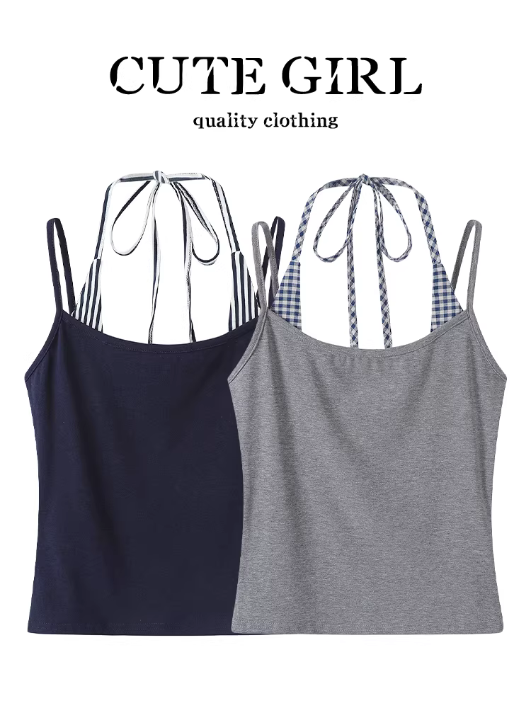 CuteGirl Áo hai dây giả hai mảnh màu xám phong cách Mỹ dành cho nữ thiết kế mùa hè kiểu dáng ôm sát