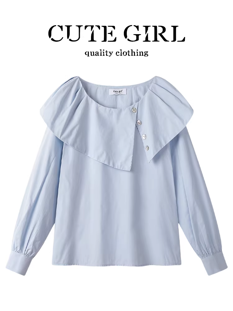 Áo sơ mi cổ búp bê màu xanh ngọt ngào và trẻ trung theo phong cách Pháp dành cho nữ, áo độc đáo và siêu xinh cho đầu xuân, áo kiểu hợp thời trang.