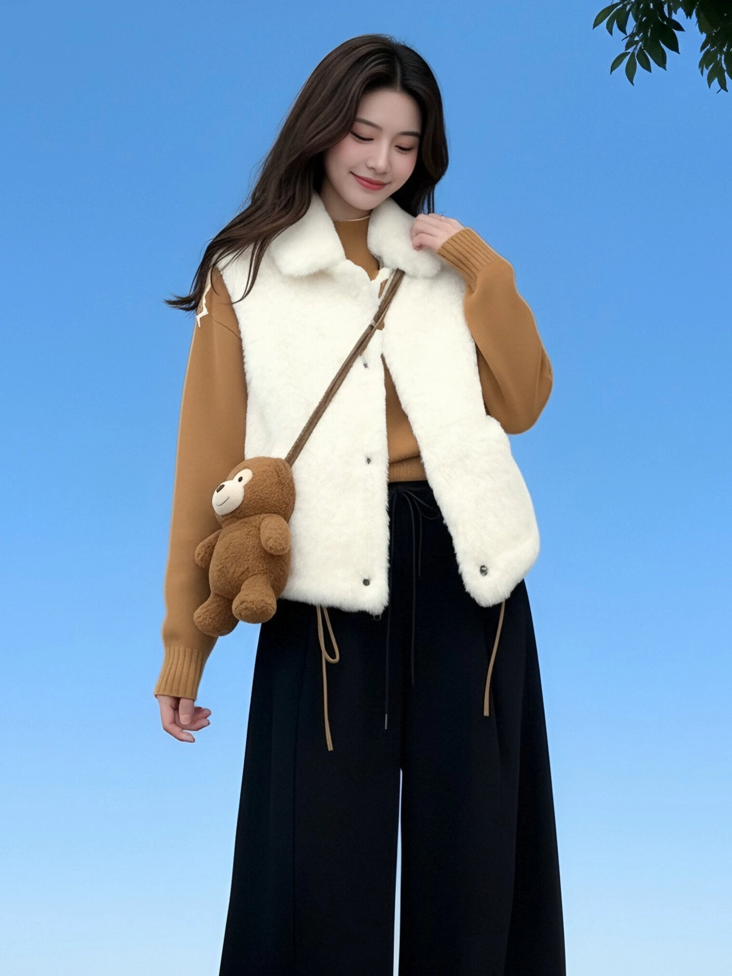 Áo khoác cổ lông màu trắng sành điệu của CuteGirl dành cho nữ, mùa đông, thanh lịch, dáng rộng, đa năng, giảm béo, áo vest ấm áp
