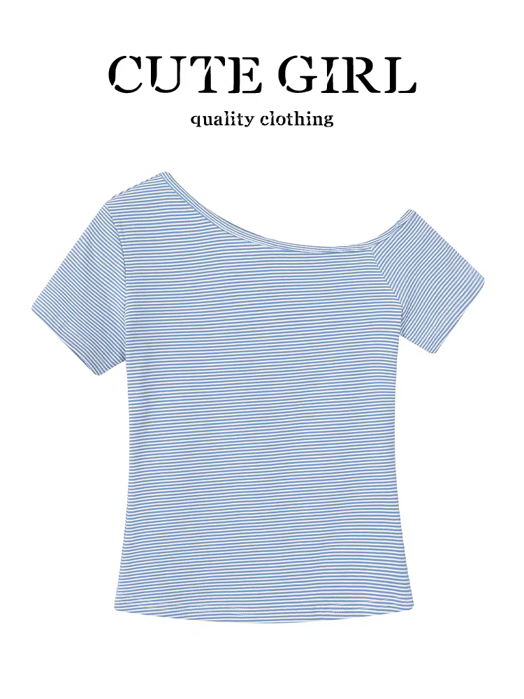Áo thun ngắn tay trễ vai sọc phong cách Hàn Quốc dễ thương dành cho nữ, áo trễ vai dáng ôm đa năng, tôn dáng cho mùa hè