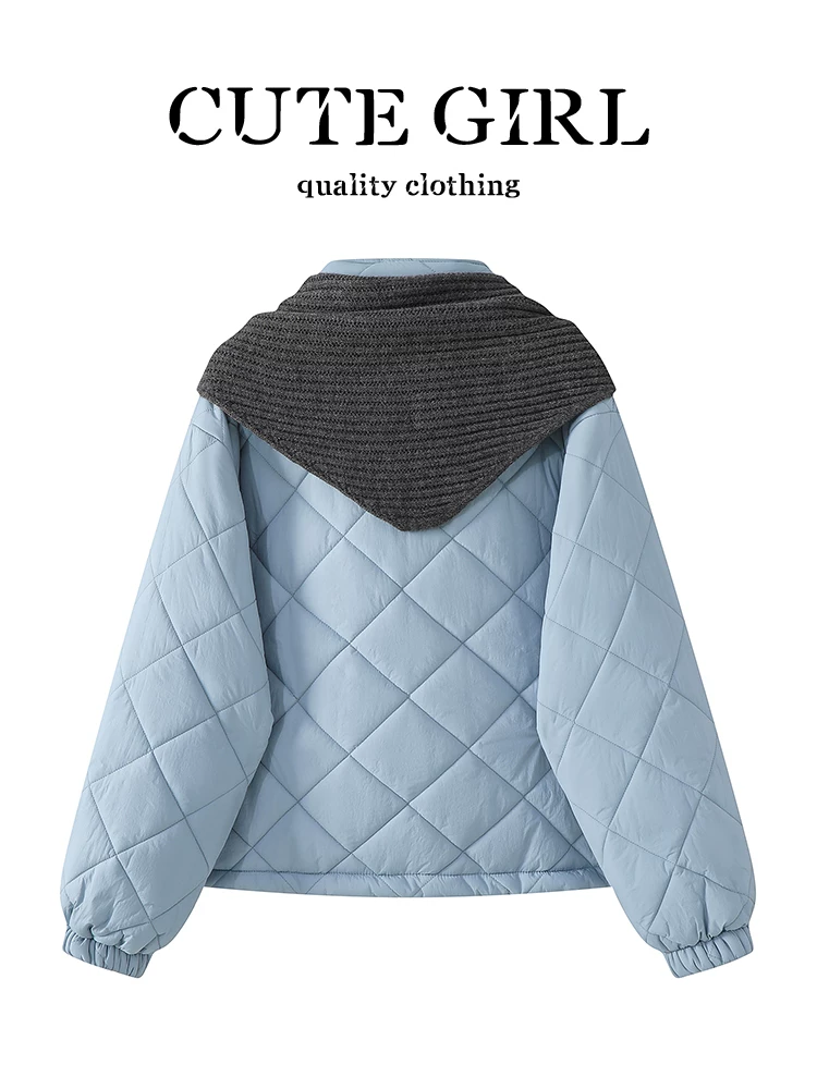 Áo khoác chần bông màu xanh phong cách Hàn Quốc có khăn choàng dành cho nữ, mùa thu đông, áo khoác cotton nhỏ nhắn, rộng rãi, đa năng, giảm tuổi tác.