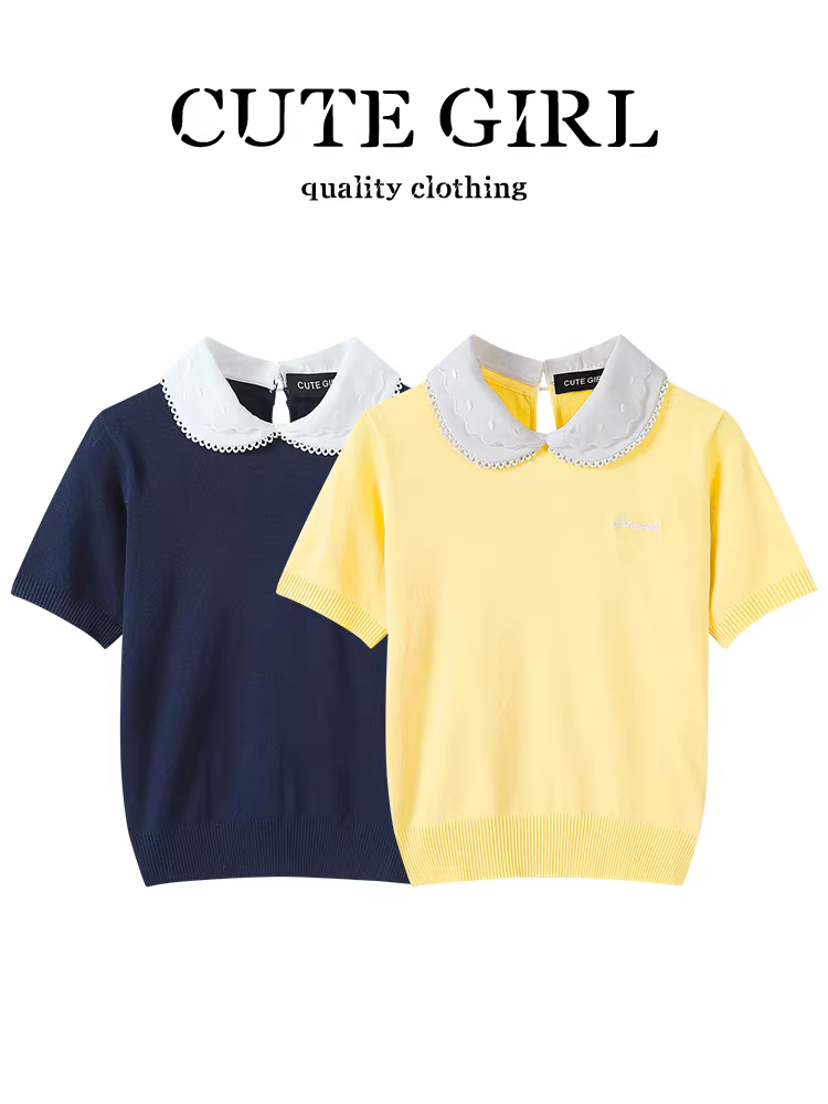 Áo dệt kim ngắn tay cổ búp bê màu tương phản phong cách dễ thương dành cho nữ vào đầu mùa thu, phong cách ngọt ngào, rộng rãi và đa năng, áo giảm tuổi tác