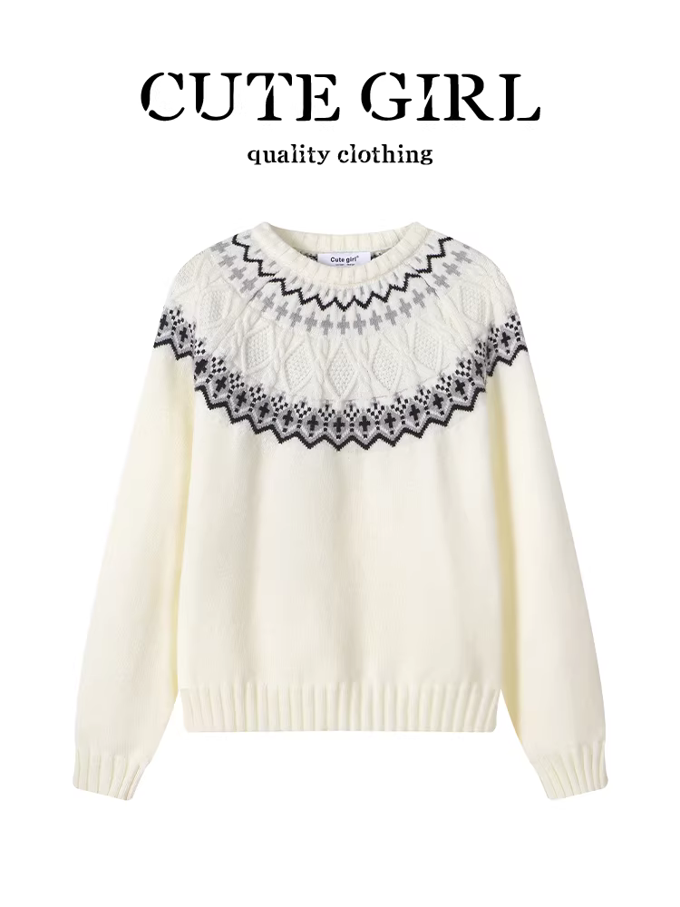 Áo len cổ tròn kiểu cổ điển Hàn Quốc của CuteGirl dành cho nữ, thiết kế thu đông, dáng rộng và đa năng, chất liệu dệt kim giảm tuổi tác