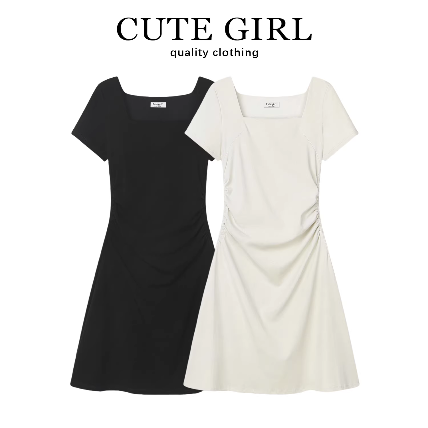 CuteGirl Đầm ngắn tay cổ vuông thanh lịch phong cách Hàn Quốc dành cho phụ nữ nhỏ nhắn, váy ngắn xếp ly eo mới mùa hè