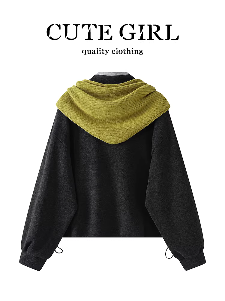 Áo nỉ có mũ trùm đầu màu xám đậm phong cách retro Hàn Quốc dành cho nữ, thiết kế mùa thu, áo dáng rộng thường ngày