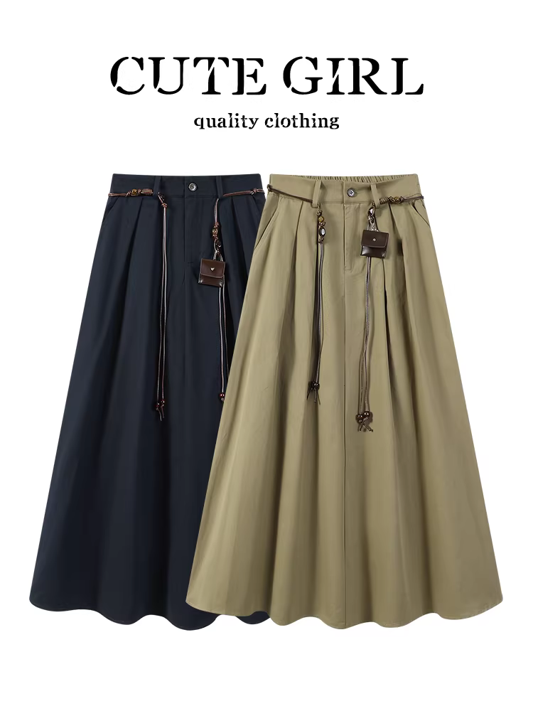 Váy eo co giãn màu kaki cổ điển của CuteGirl dành cho nữ, váy xếp ly đa năng eo cao thanh lịch mùa thu