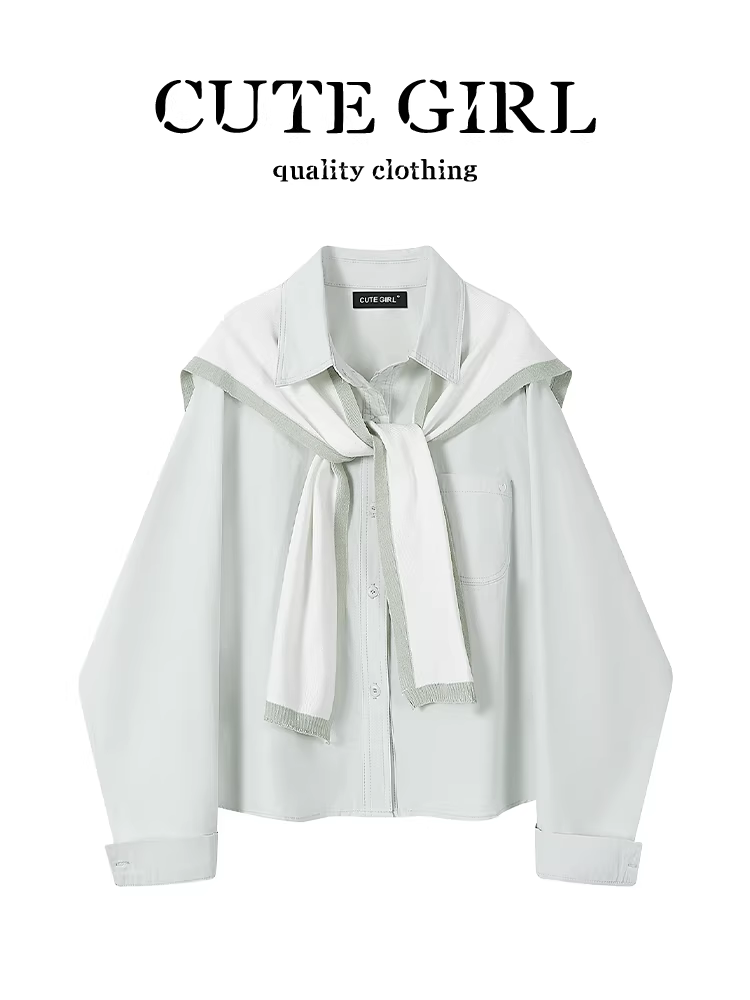 Áo sơ mi cổ polo màu xanh tươi phong cách Hàn Quốc có khăn choàng cho nữ, áo sơ mi dáng rộng đa năng thanh lịch mùa thu